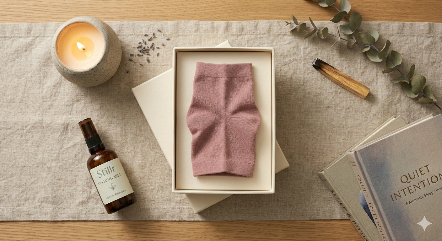A Stillr sleep-ritual bundle on a nightstand, the calm-bedside version of a working perimenopause and Restless Legs plan