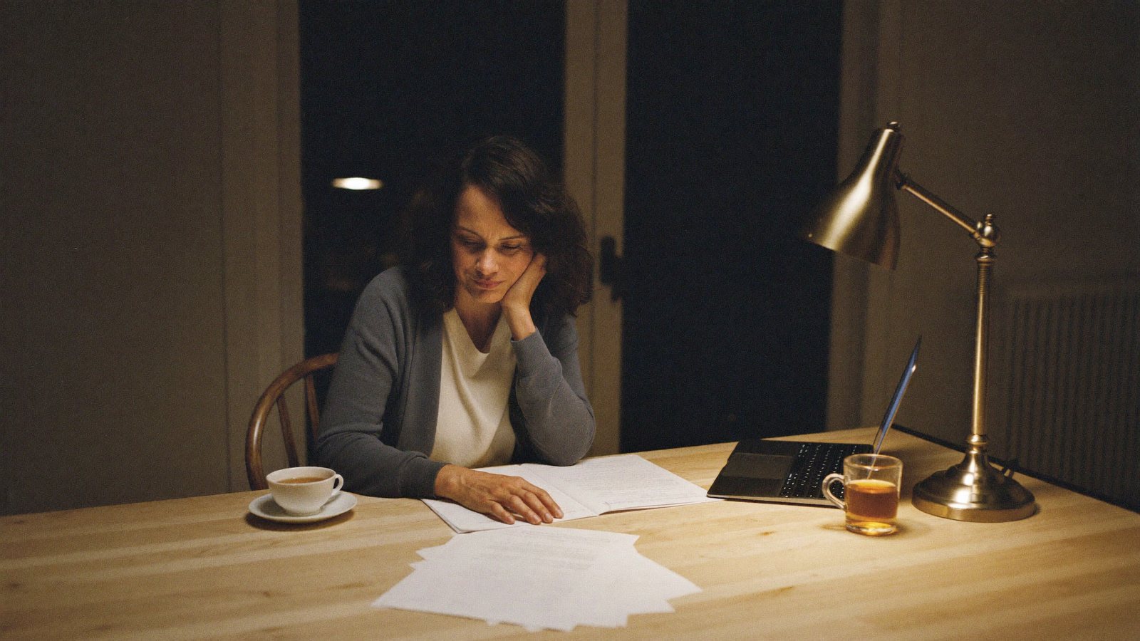 A woman in her late forties reading printed research papers at her kitchen table late at night under a warm lamp