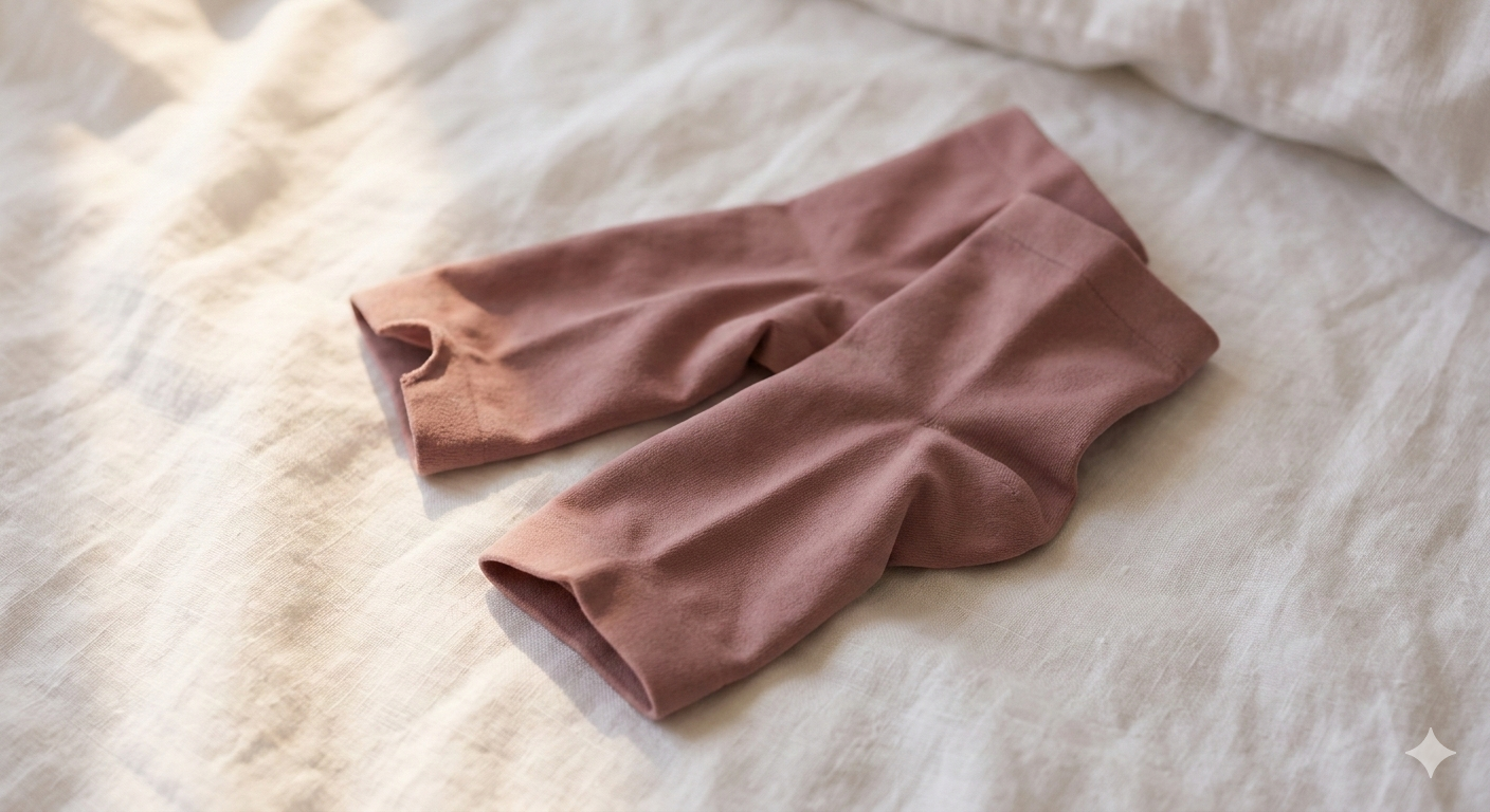 A pair of Stillr compression sleeves in dusty rose laid flat on white linen, the wearable version of the targeted-foot-compression mechanism behind the Kuhn 2016 trial