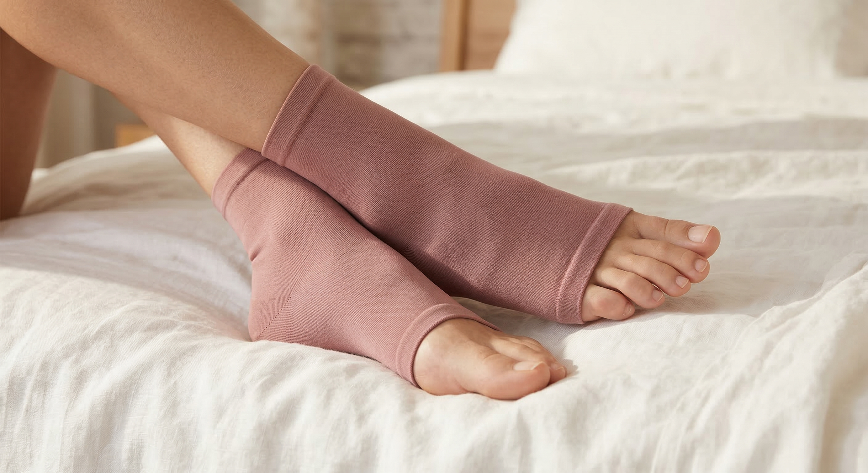 Stillr Night Sleeve in dusty rose, worn on feet in bed