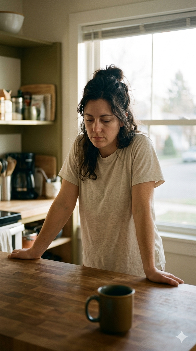 A woman in her late 40s leaning on her kitchen counter at 7am after another patchy night, the look of someone working out whether compression will actually help her Restless Legs