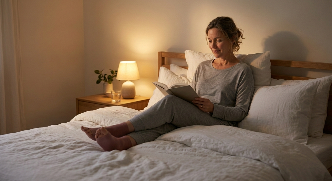 Woman reading in bed wearing Stillr sleeves