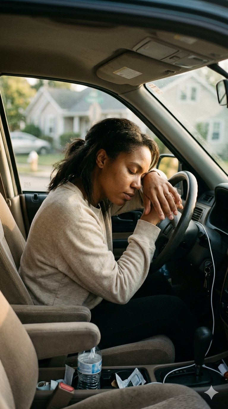 A woman in her late 40s sitting in a parked car with her eyes closed, the moment of bone-deep tiredness from another Restless-Legs night, the version of the day every woman on this list knows