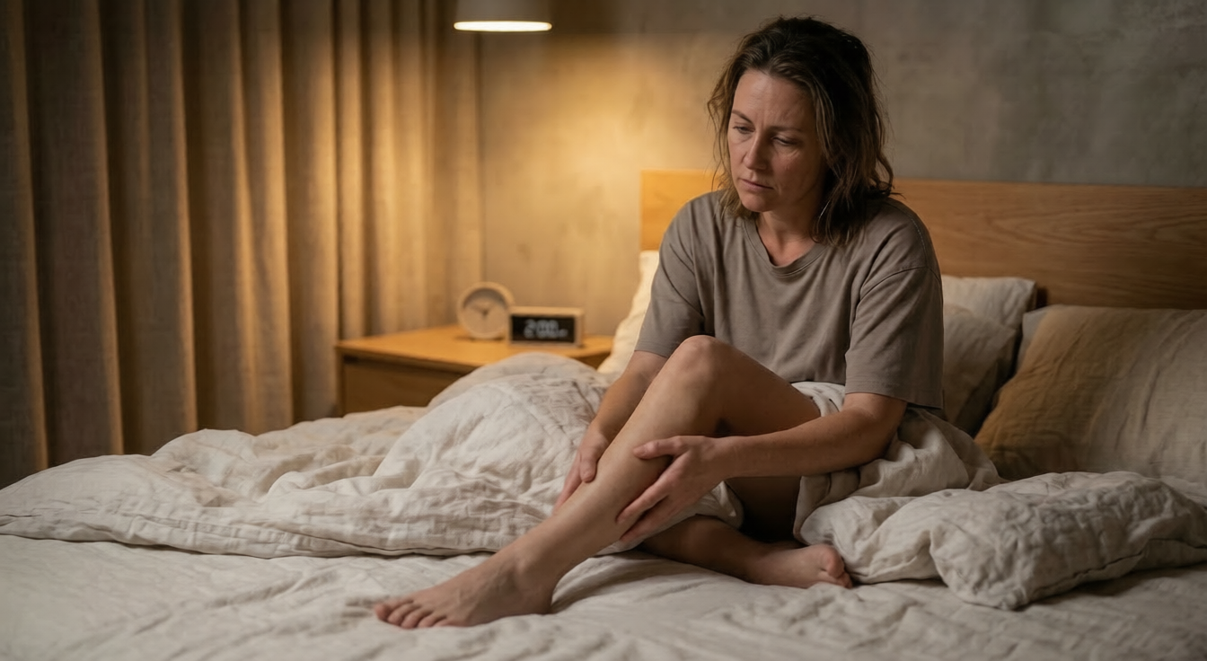 A woman in her late 40s sitting on the edge of her bed in dim light, rubbing her lower leg, the look of another patchy night of Restless Legs Syndrome